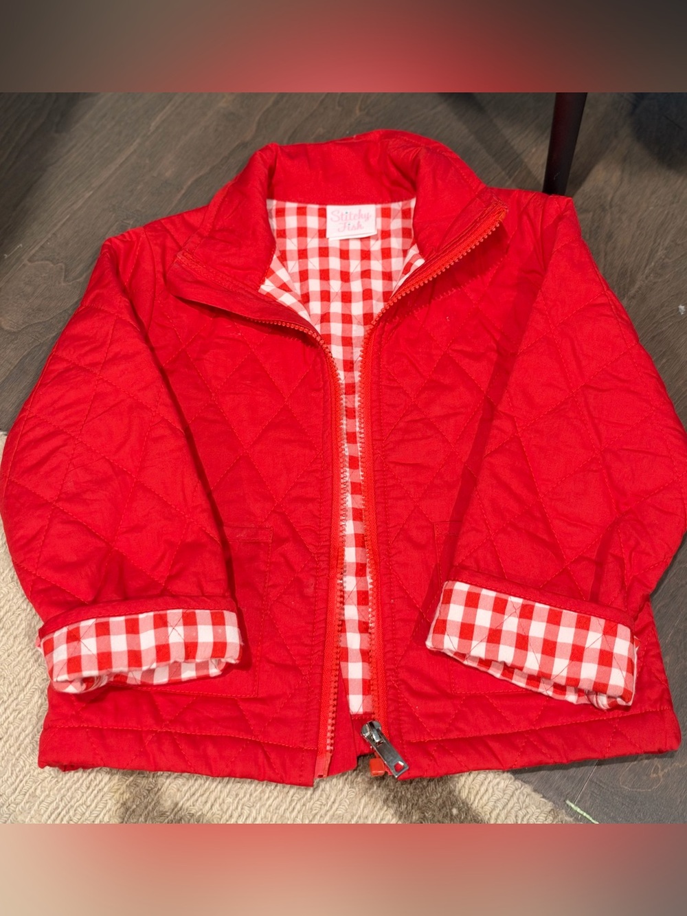 Stitchy Fish - Red Quilted Kids' Jacket with Gingham Lining